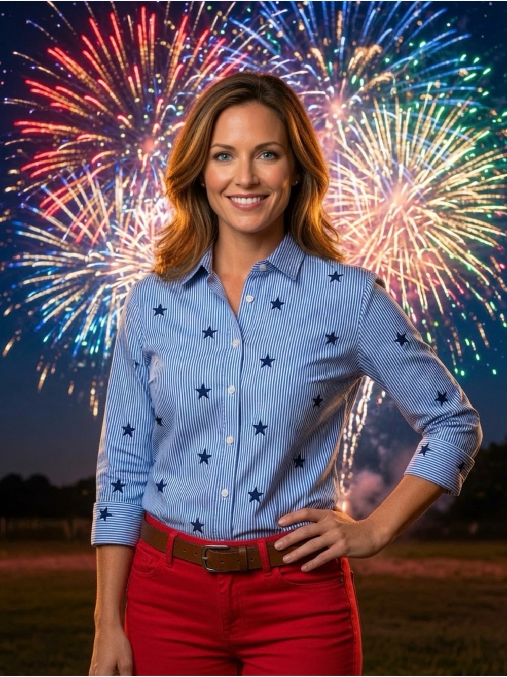 Chico's Blue and White Striped Button-Up Shirt Adorned with Blue Stars